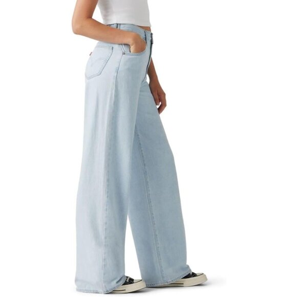 Women's Cotton Cinch Baggy Jeans High Rise Wide Leg Comfortable Fit - Picture 3 of 4